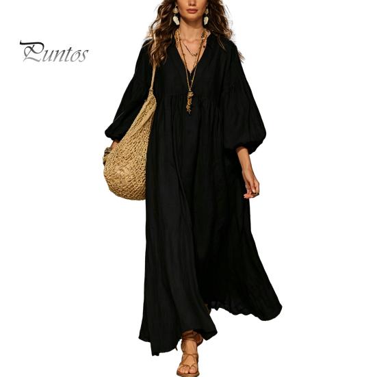 Mid-length Dress Women's Deep V Neck Maxi Dress, Puff 3/4 Sleeve Party Casual A-Line Flowy Loose Boho Beach Sundress Soft Fabric