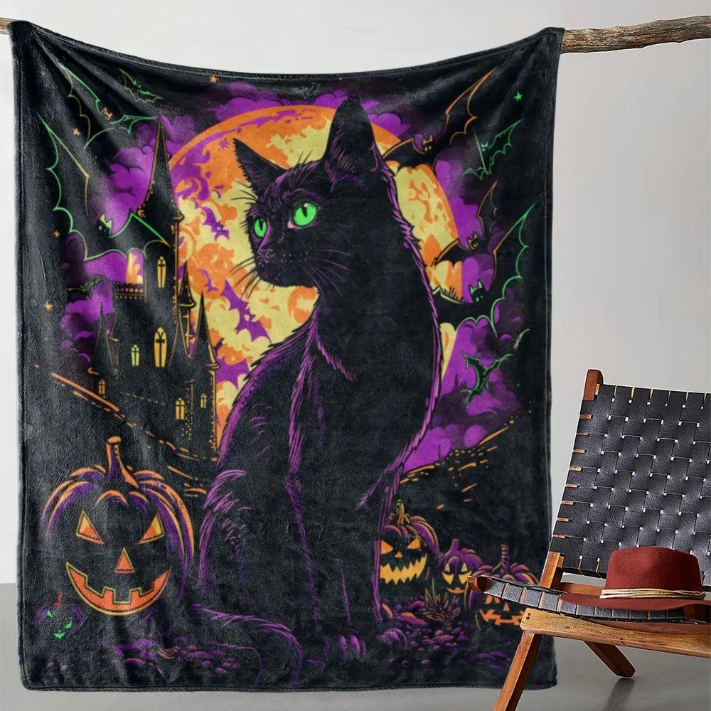 Gothic Black Cat Pumpkin Moonlight Pattern Flannel Throw Blanket Soft Warm Bed Sofa Cover,Decorative Cozy Fleece Plush Rug for Halloween Home Decor