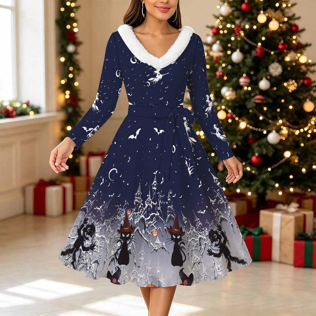 Women Halloween Skeleton Print Midi Dress, Long Sleeve V‑Neck Furry Trim A‑Line Party Dress, Christmas Limited Edition