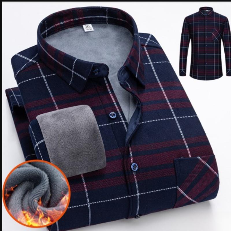 Autumn and Winter Thickened Men's Plaid Long-sleeved Warm Turn-down Collar Button Shirt Classic
