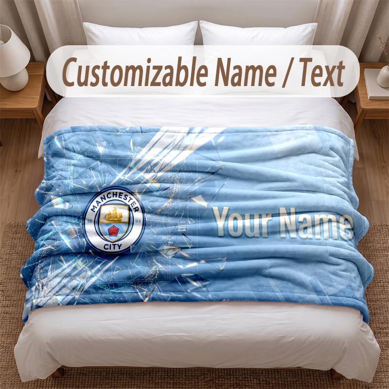 Manchester City Printed Flannel Blanket Custom Name Text Soft Warm Throw For Bedroom Holiday Gift