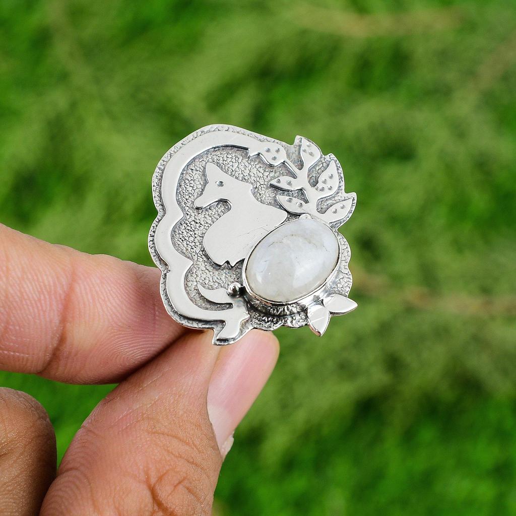 Rainbow Moonstone Gemstone Elegant Ethnic Handcrafted Promise Ring 925 Silver