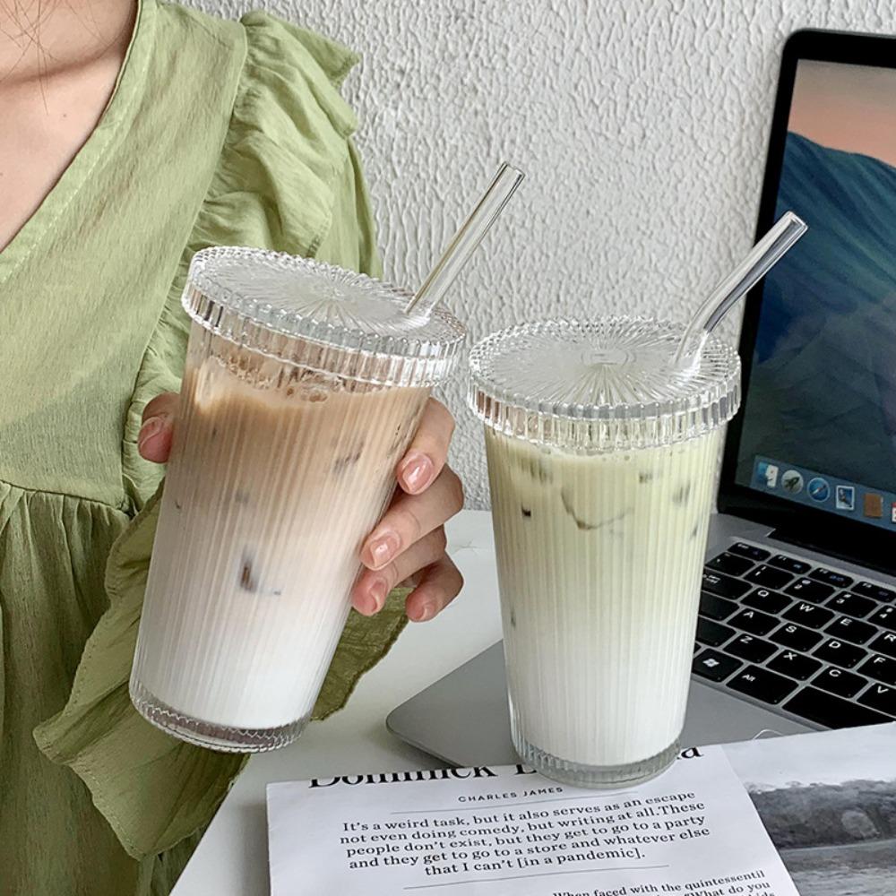 

with Lid Straw Vertical Striped Glass Cup Transparent Mugs Chic Milk short cup