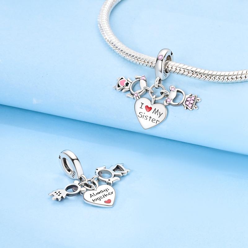 Pink Sister Love Heart Beads Fit Original Charms Copper Bracelets Beads Charms Jewelry Making Fine Jewelry Gift