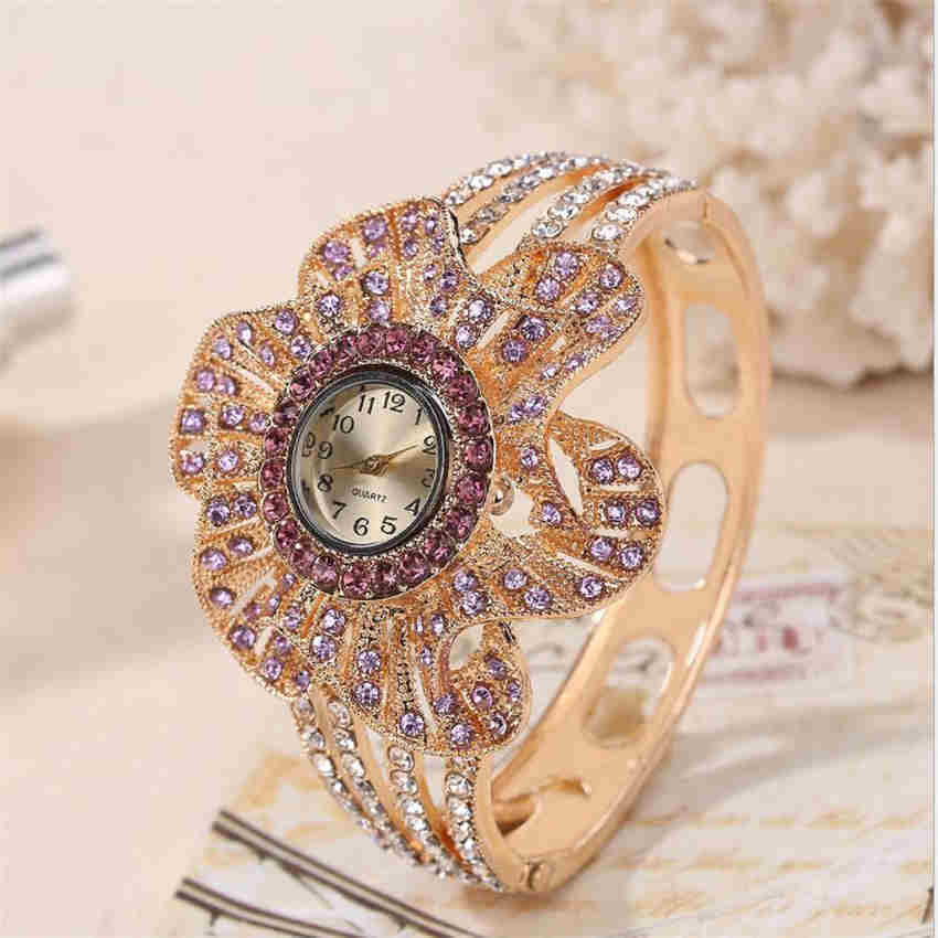 Luxurious Females Flower Design Strap Analog Quartz Watch Women Metal Wristwatch