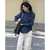 Women's Dark Blue Tie-Neck Stand-Up Collar Oblique Placket Shirt