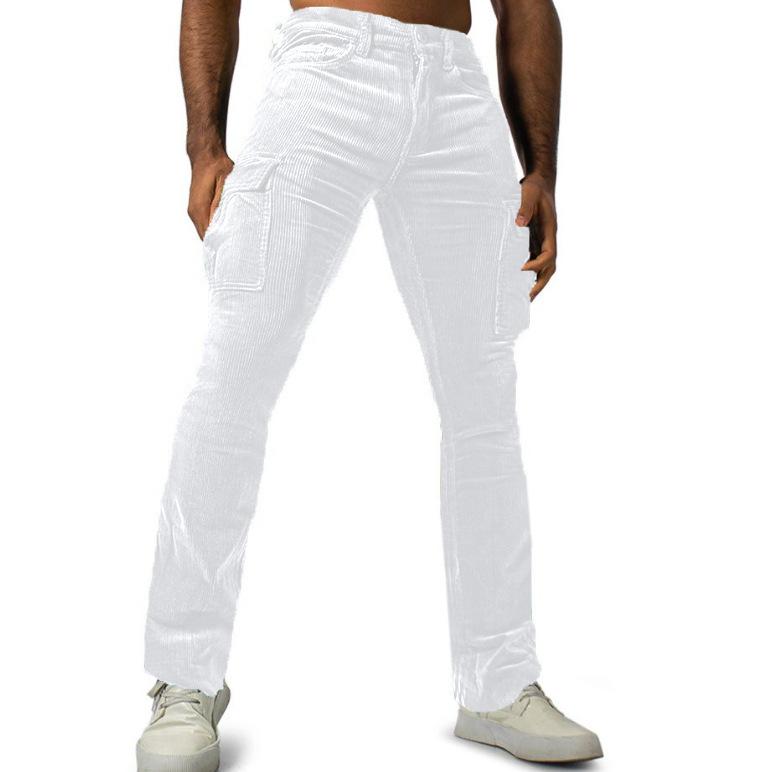 Men's European and American jogging corduroy solid color casual breathable street fashion multi-pocket slim-fit elastic overalls