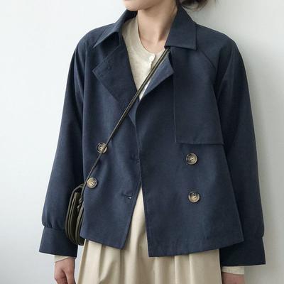 Early Spring and Autumn Korean Loose Small Man Dovetail Asymmetrical Short Navy Blue Double-breasted Trench Coat Women
