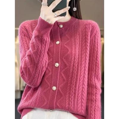 Dikke Gebreide Cardigan voor Dames Ronde Hals Herfst Winter Warm Twists Trui Lange Mouwen Buitenkleding