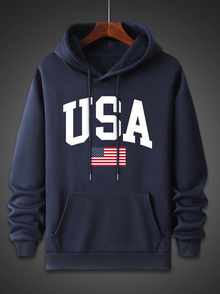 Men's autumn/winter hoodie, simple American flag print, comfortable hooded sweatshirt
