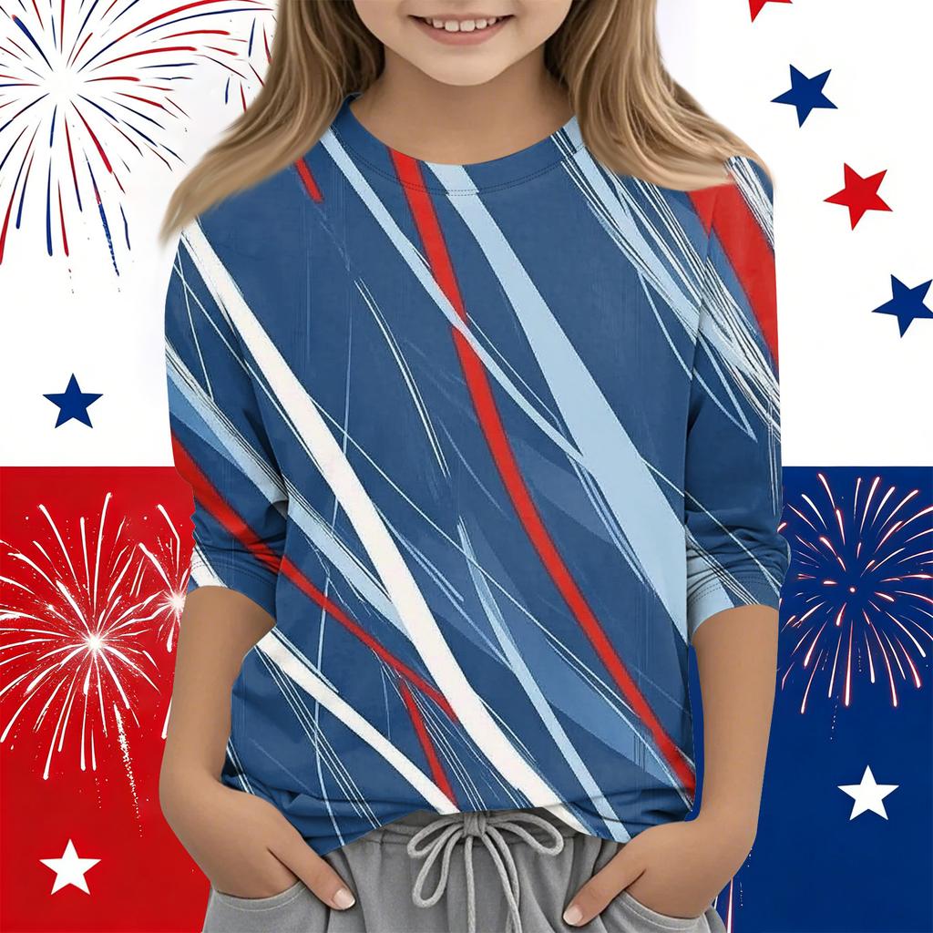 Print Tops For Youth Girls Round Neck 3/4 Sleeves T-Shirts Trendy Tops Outfit Tees Independence Day