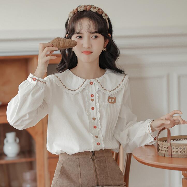 Spring and Autumn New Embroidery Long Sleeve Shirt Women Casual White Inner Blouse Tops