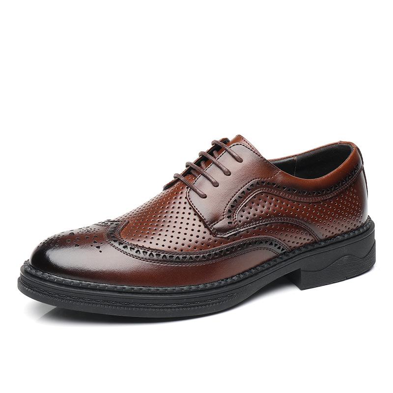 Men's Shoes Leather Shoes Cowhide Summer Hollow Breathable Business Dress Men Casual British Style Block Groom Wedding
