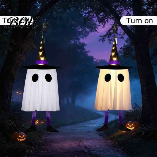 Eco Friendly Halloween Ornaments Hanging Ghost Decoration with Witch Hat And Leg, LED Lighted Spooky Whimsical Outdoor Figures Floating for