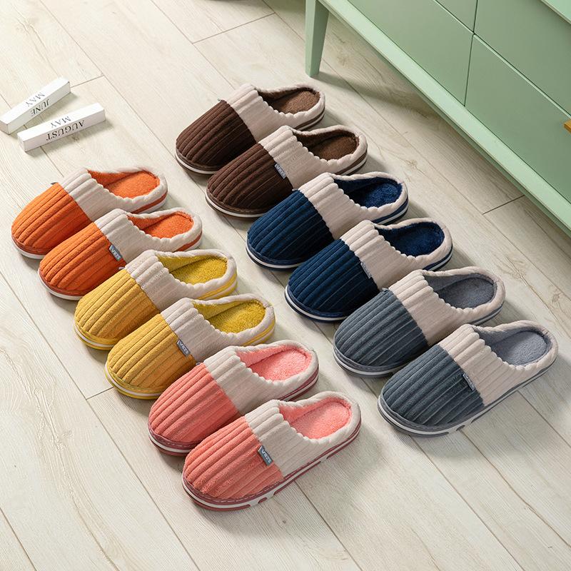 Unisex Frühling Kord Baumwoll Hausschuhe Damen Winter Heimtextilien Indoor Warme Karomuster Plüsch Hausschuhe für Paare 36-45