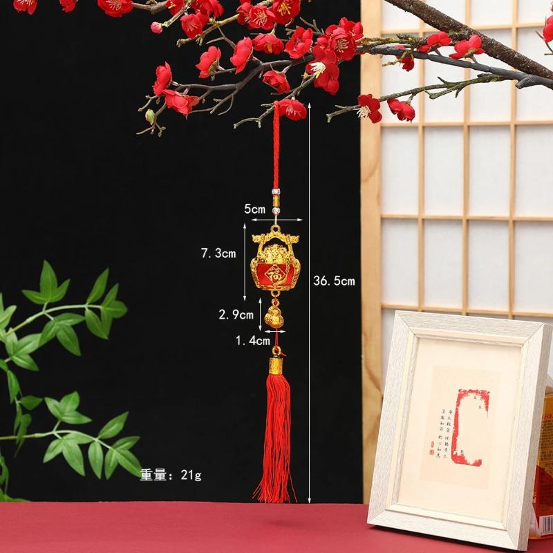 Lunar New Year Lucky Hanging Ornament with Red Tassel Golden Charm Festive Portable Decor for Travel Hotel Room Spring Festival
