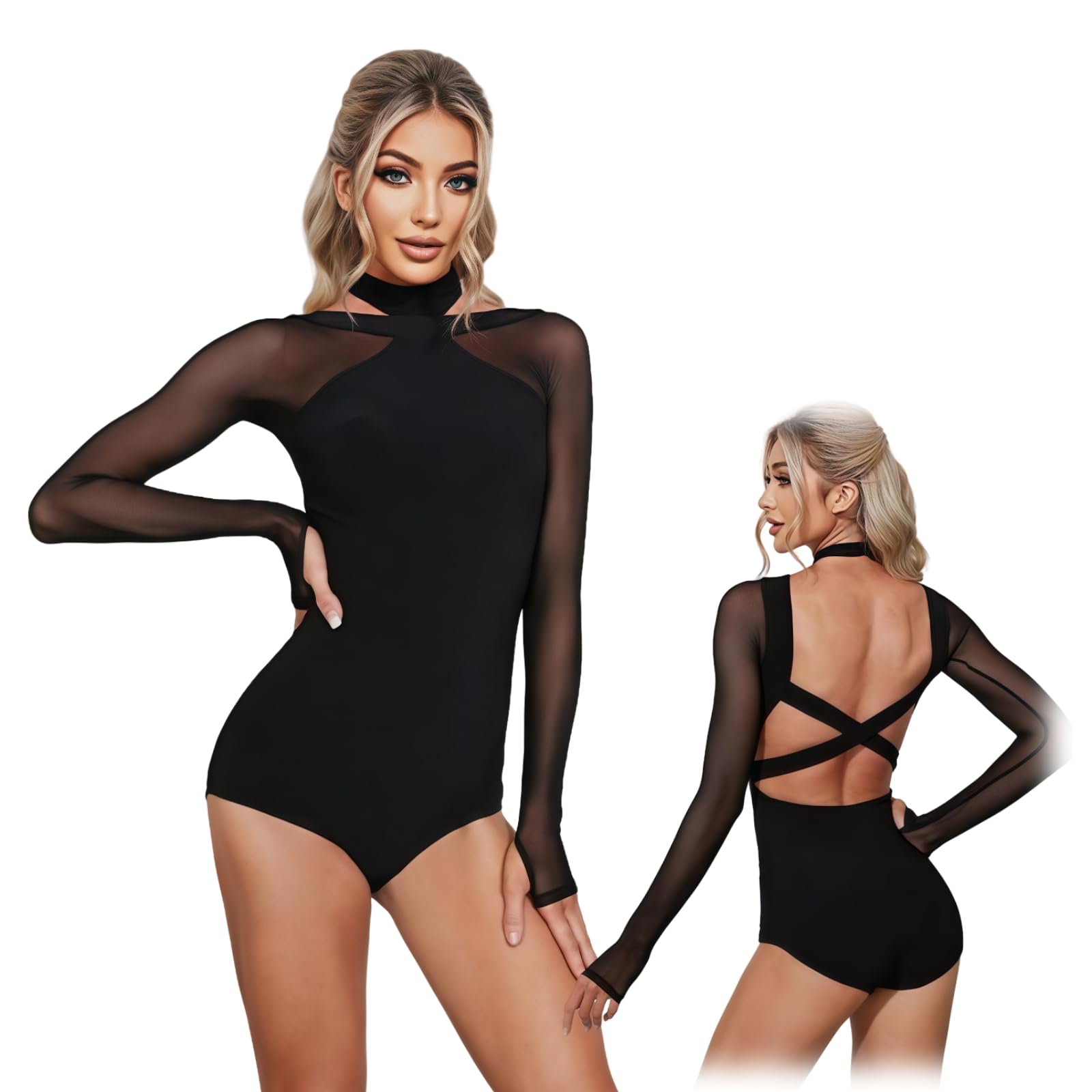 

WinsGreat Dance Ballet Long Sleeve Rhythmic Gymnastics Black Latin Dance Open Halter Practice and Size L Women s Leotard, Bodysuit, Leotard, Costume, чорний