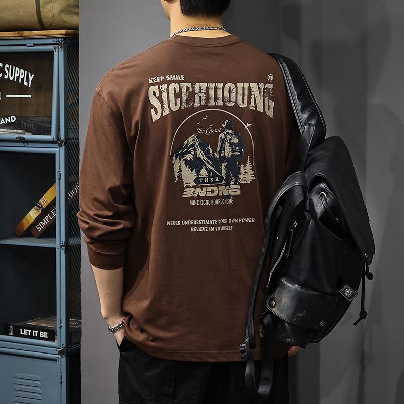 

Осенняя уличная футболка с длинными рукавами и принтом, мужская футболка из плотного чистого хлопка плотностью 300 г, свободный модный свитер с круглым вырезом 4XL
