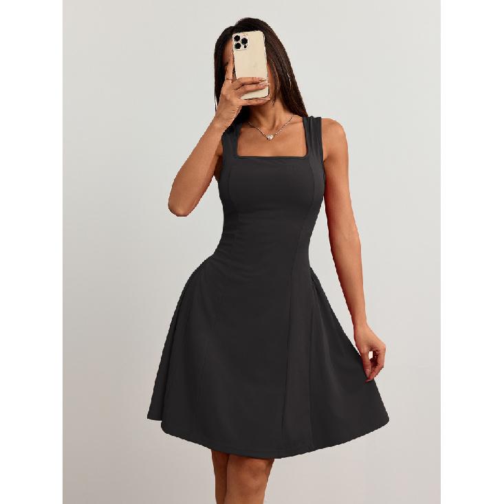 Fashion Solid Color Party Square Neck Backless Mini Slip Dresses 2025 New Elegant High Waist Club Pleated Short Dress
