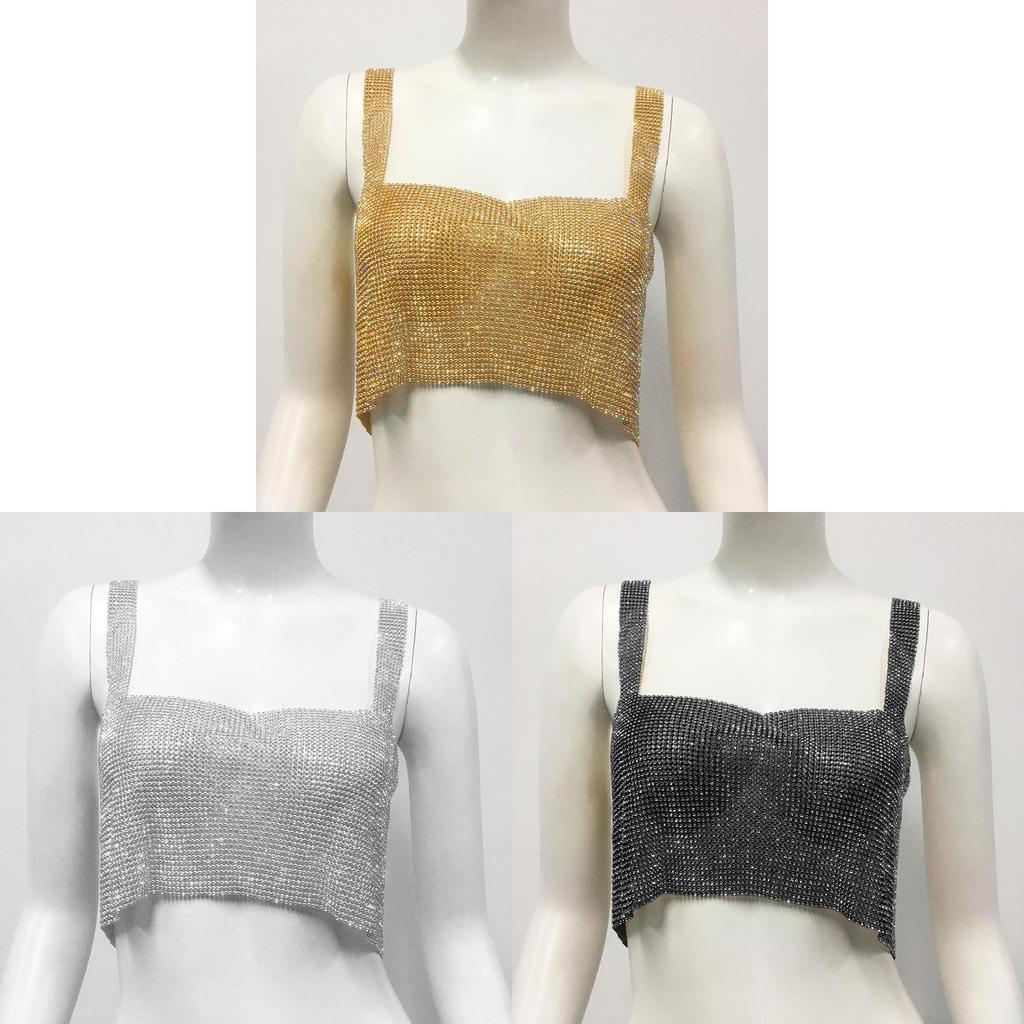 Metallic Streetwear Women Tank Top With Rhinestone Embellishments