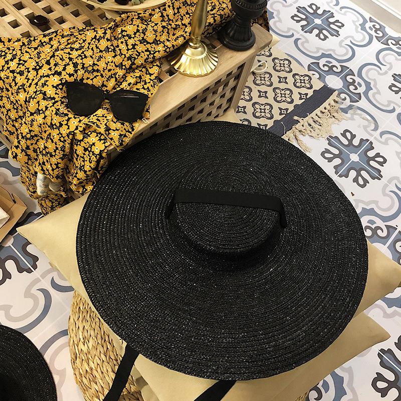 

Summer Big Natural Wheat Large Brim Straw Hats For Women Handmad Wide Brim Beach Visor Caps Elegant Flat Top Long Ribbon Caps 56-58cm