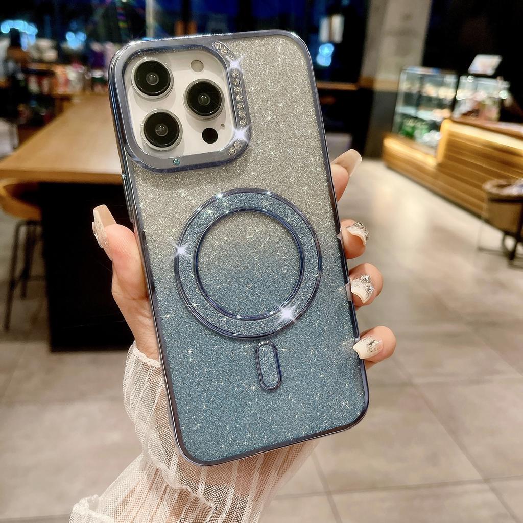 Applicable To IPHONE16 Flash Powder Magnetic Suction Mobile Phone Case Gradient Apple 15 ProMax Diamond 14 Electroplating Protective Case
