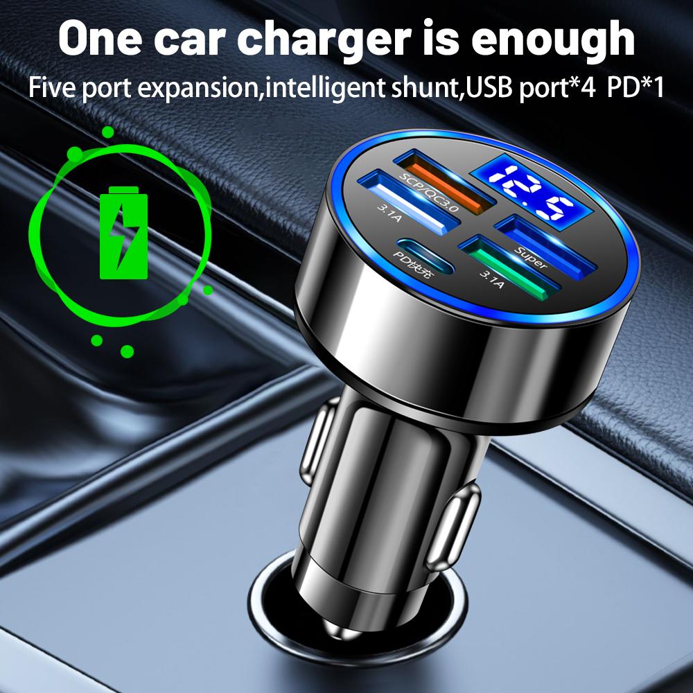 5 Ports Fast Charge PD QC3.0 USB C 250W LED Car Charger Car Phone Charger Type C Adapter In Car For Iphone Samsung Huawei Xiaomi
