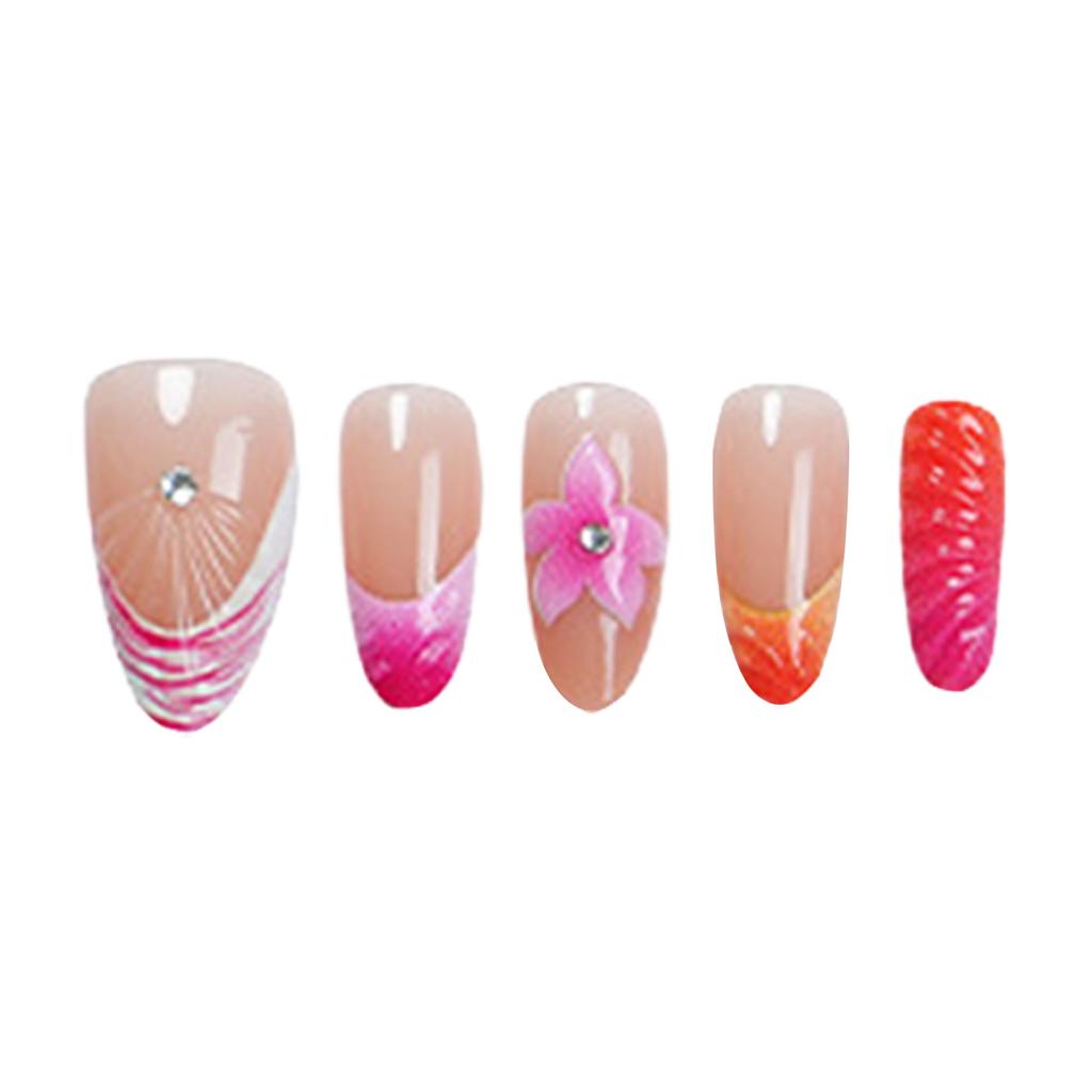 30pcs Almond Press On Nails With Floral Design Short Glossy False Nails with Rhinestones Decor For Party Wedding Photography