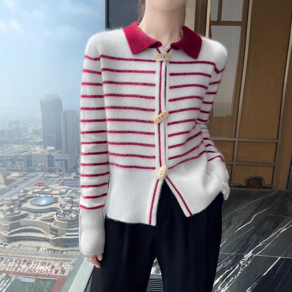 Women's Striped Cashmere Knit Cardigan with Polo Collar - Long Sleeve, Loose Fit, Warm Sweater Coat