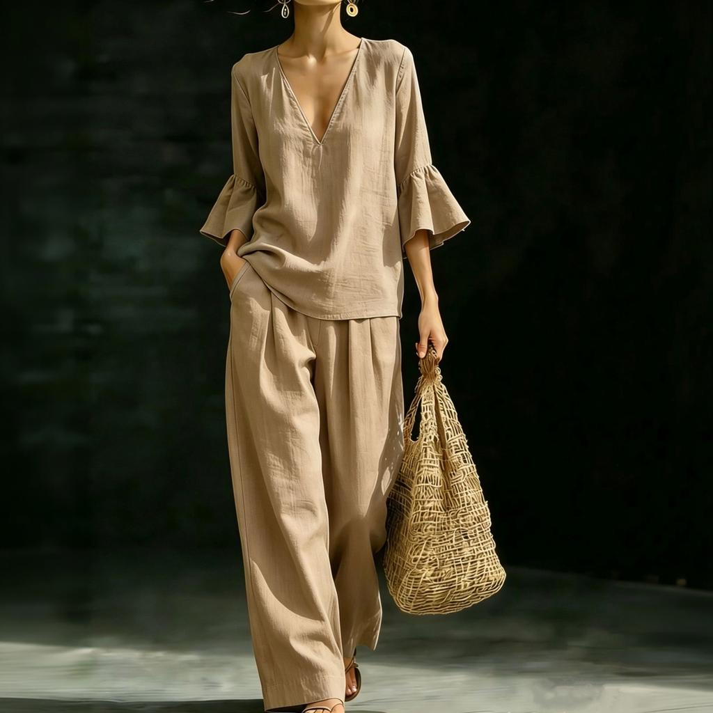 Women's Cotton Linen Two Piece Set V Neck Ruffle Sleeve Top and Loose Fit Casual Wide Leg Pants Lightweight Breathable Outfit