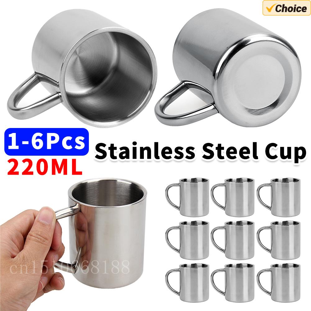 1-6Pcs Handle Mug Double Layer 220ml Stainless Steel Camping Hiking Coffee Tea Cup Sets for Household Kitchen Helping Decor
