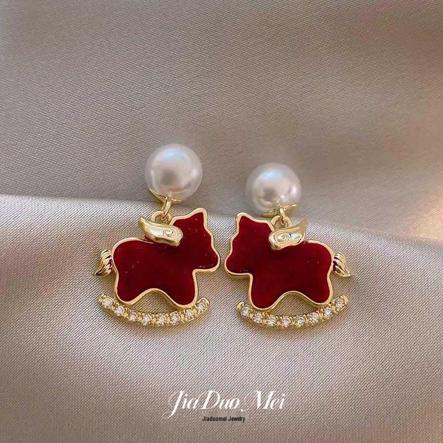 Silver Needle Red Pomegranate Pearl Flower Stud Earrings - Elegant, Light Luxury Design.