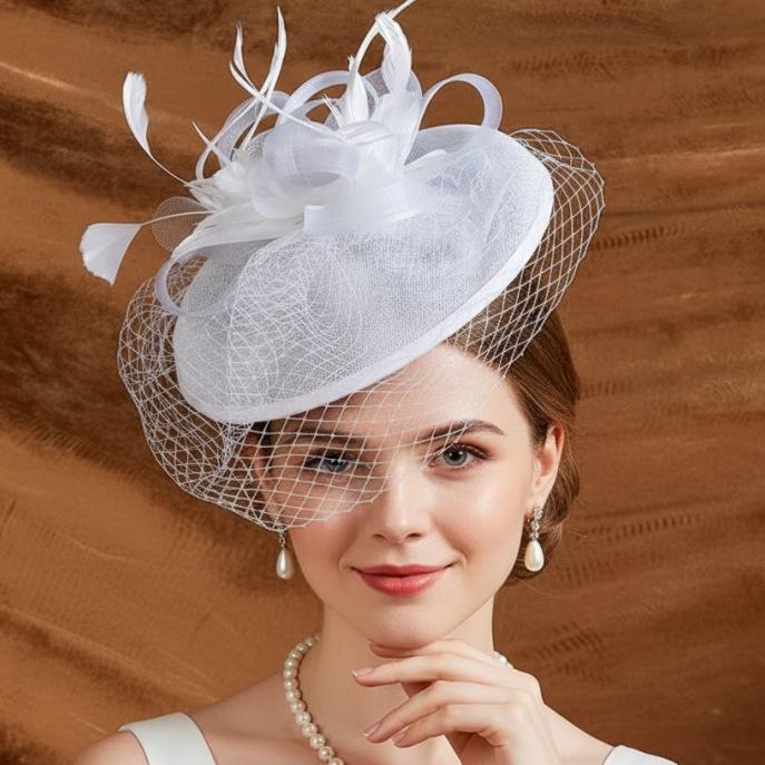 European and American boutique feather flower retro mesh gauze hat bridal headgear fashion hair accessories top hat hemp yarn headgear wholesale
