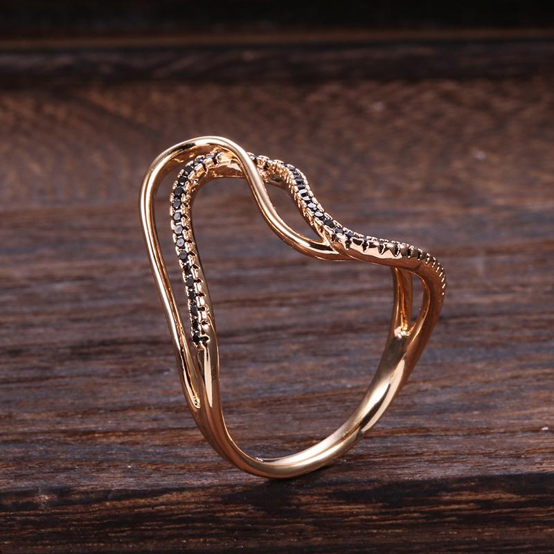 Rose Gold Earring Ring Sets For Women Micro Paved Black Natural Zircon Twist Finger Ring Bride Wedding Jewelry Set