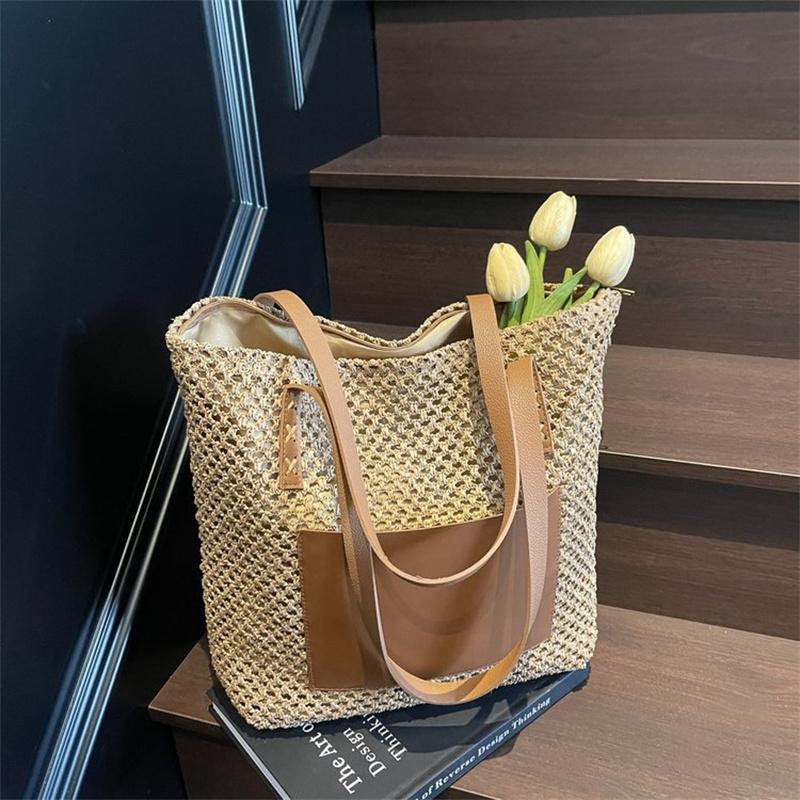 

Yogodlns Straw Tote Bag Large Capacity Handmade Woven Rattan Shoulder Bag for Women Summer Beach Travel Vacation Shopper Purse 30x12x38cm бежевый