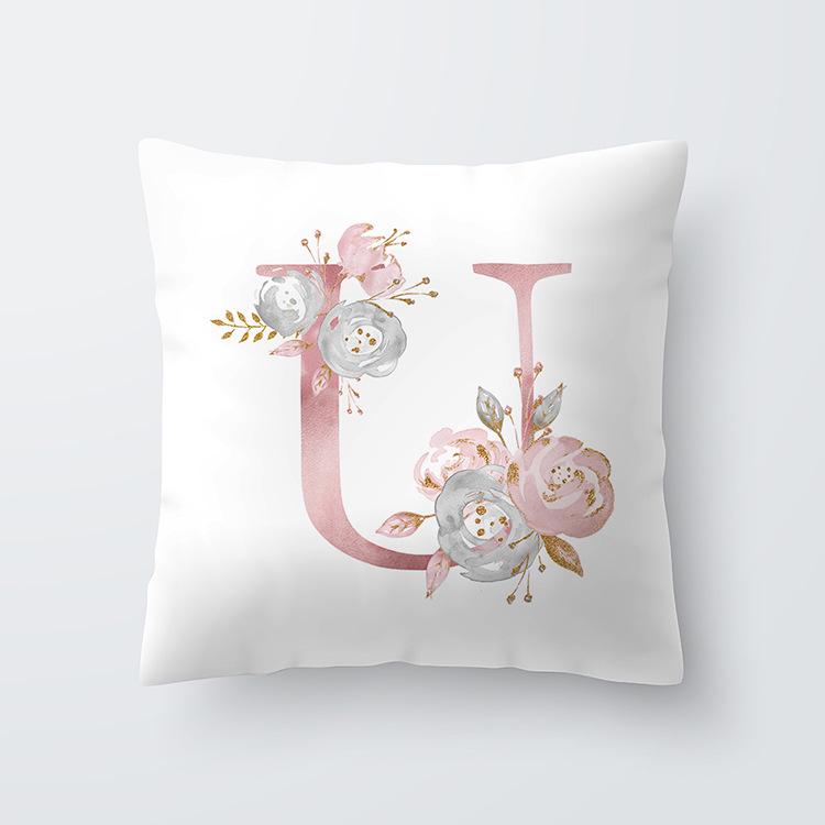 Pink Letter Decorative Floral Pillow Gold Alphabet Cushion for Sofa Polyester Pillowcase Decoration Salon