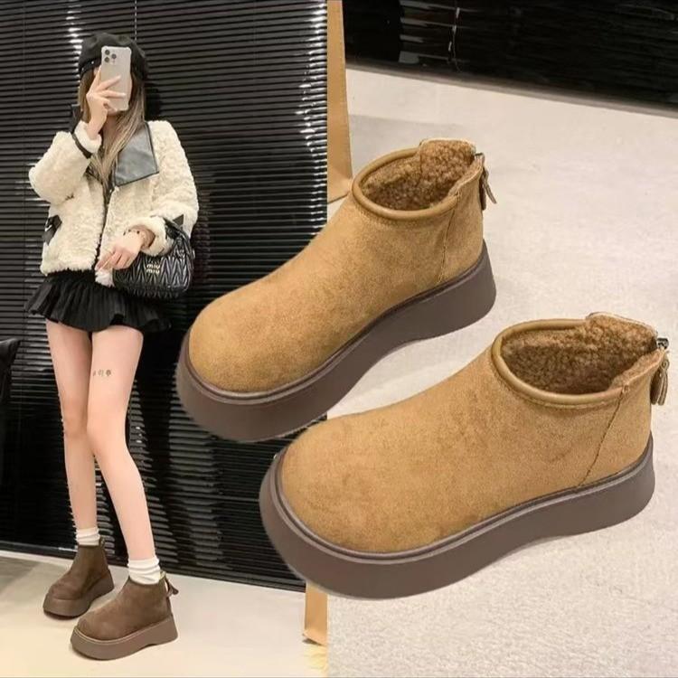 Suede round head thick bottom fleece warm Birkenstock short boots 2025 winter new British wind two cotton snow boots women