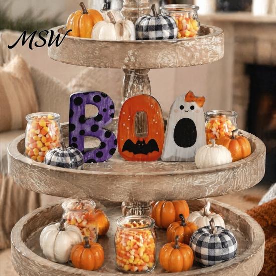 Freestanding Wood BOO Block Set Halloween Wooden Ornaments, Lettering Decorations, Rustic Bat Pumpkin Ghost Playful Desktop Decorations Table