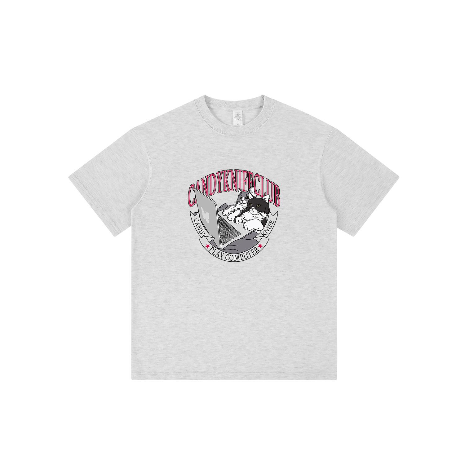 

Модная унисекс футболка свободного кроя с принтом кошки и рукавом средней длины M хизер серый