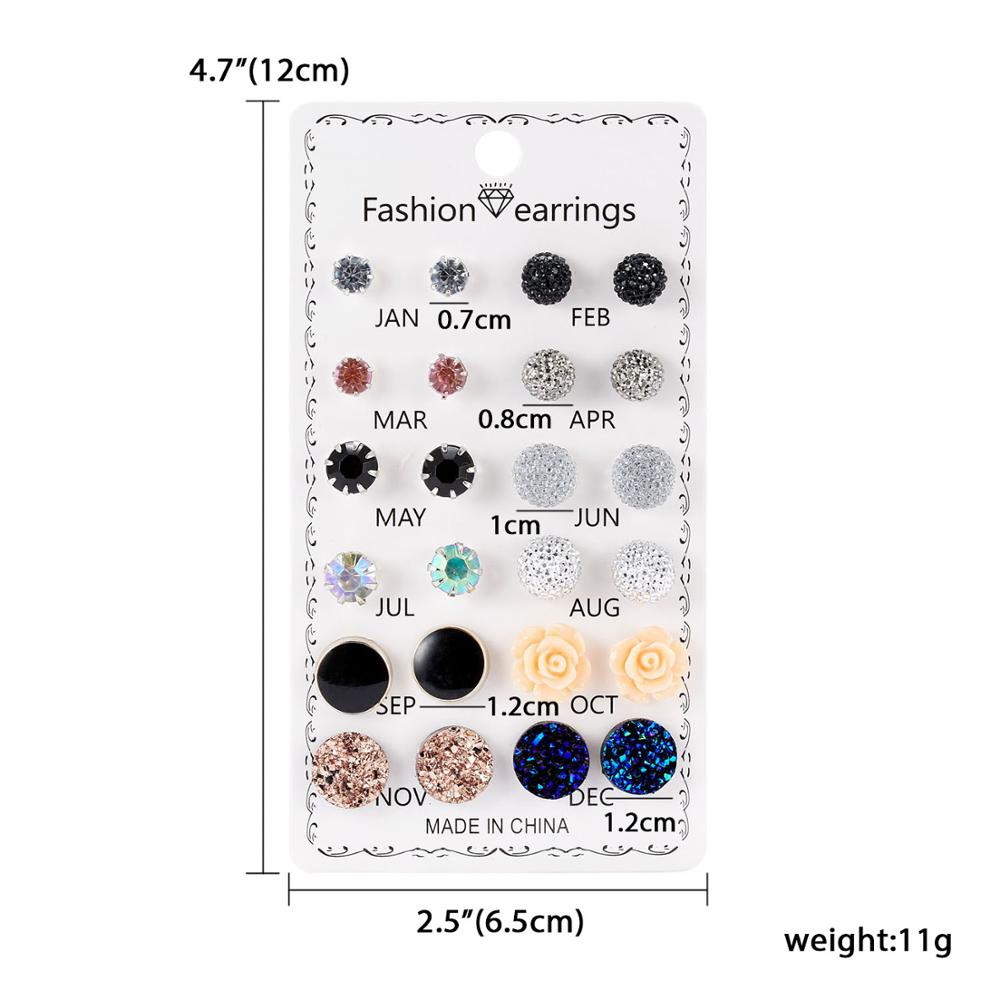 

12 Pairs/set Crystal Rhinestone Flower Stud Earring Set Women Zircon Accessories Month Jan-Dec Piercing Ball Stud Earring Kit