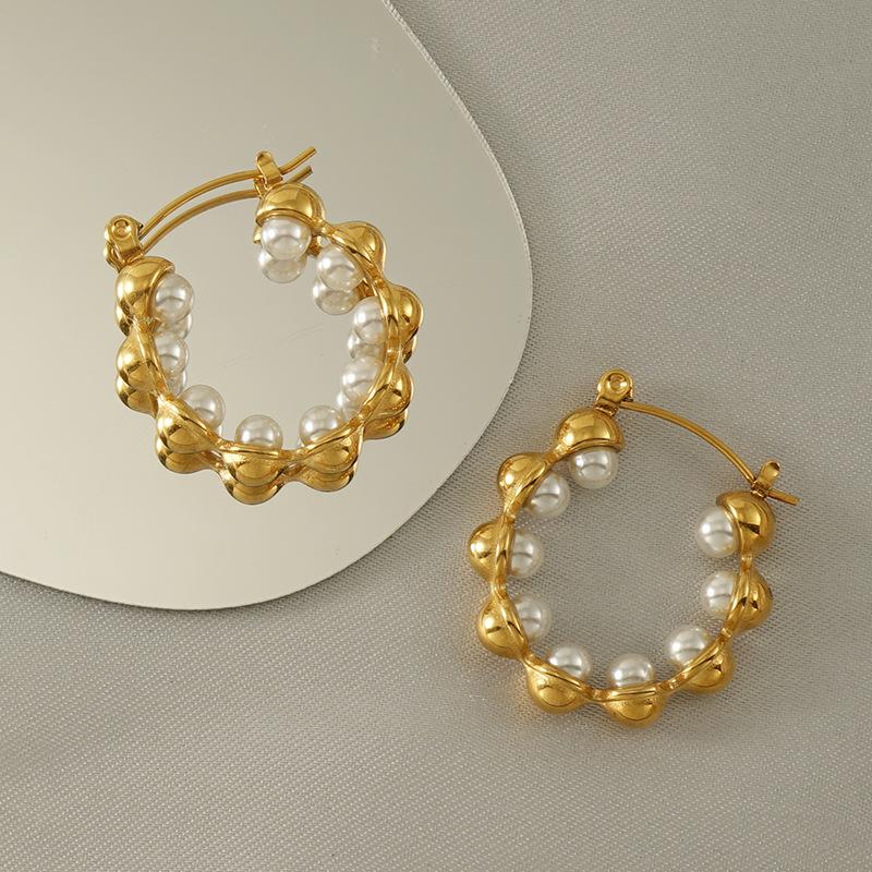 New 18k stainless steel gold earrings, ring pearl temperament trendy round buckle earrings.