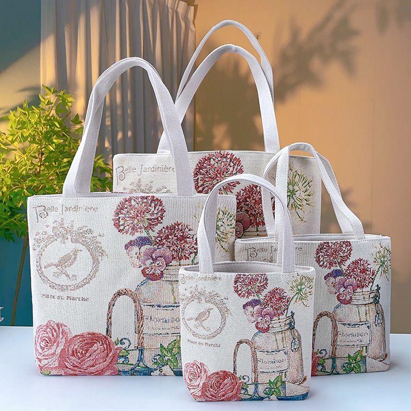 1Pc Flower In A Bottle Double-sided Gold Silk Jacquard Embroidered Canvas Handbag Shoulder Bag Literature and Art Student Commute Bag Lightweight