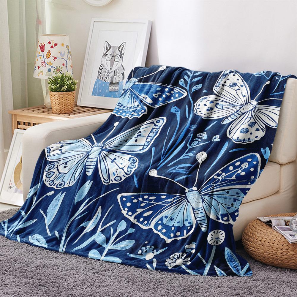 Blue and White Butterflies Print Flannel Blanket, High quality Comfortable for All Seasons, Home Decor, Warmth and Comfort