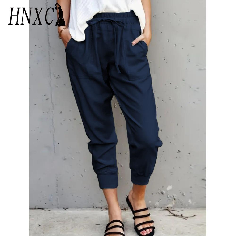 HNXC Sommer Damen Loose Plus Size Einfarbig Einfache Schnürung Schlank Lässige Neun-Punkt-Schlankheitshose