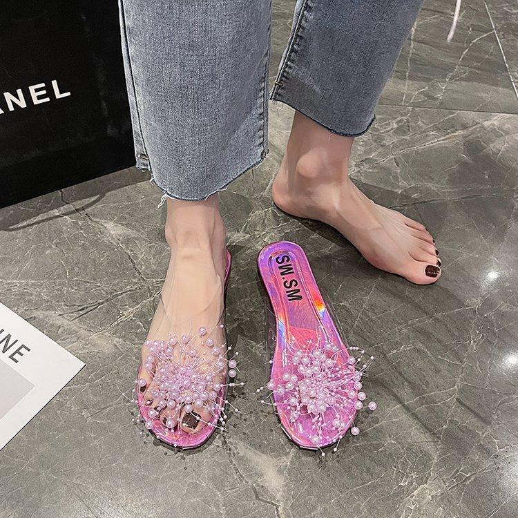 [Armano] Baotou Semi-slippers Women's Summer Wear Flat-bottomed Rhinestone Bows Transparent Soft-bottomed Fish Mouth Cool Slippers