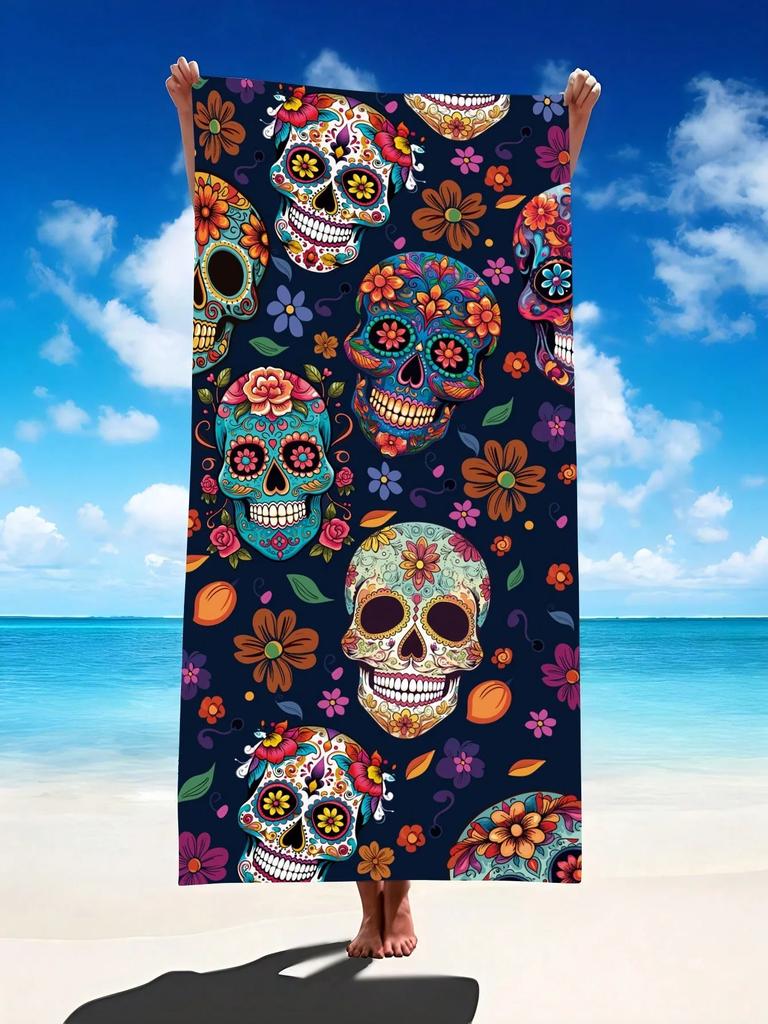 Aquarell Totenkopf Floral Strandtuch Decke Premium Mikrofaser Schnelltrocknend Große Größe Stark Saugfähig Sandfest für Reisen Pool