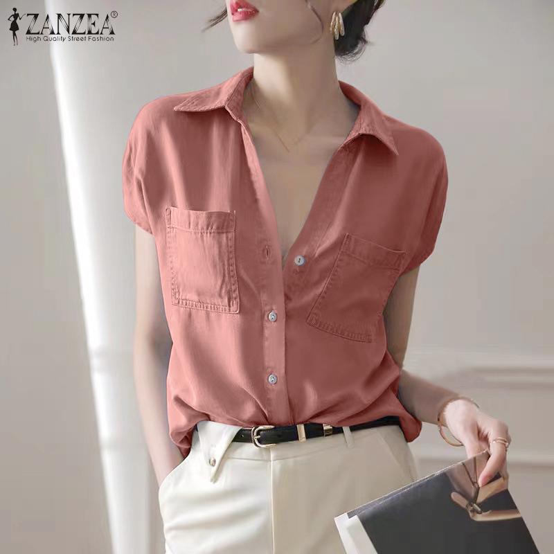 

ZANZEA Летние женские однотонные рубашки с коротким рукавом