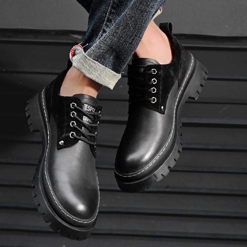 Fashion Derby men's thick soled shoes Fashionable gentleman Daily leisure business party Office wedding genuine leather Black shoes