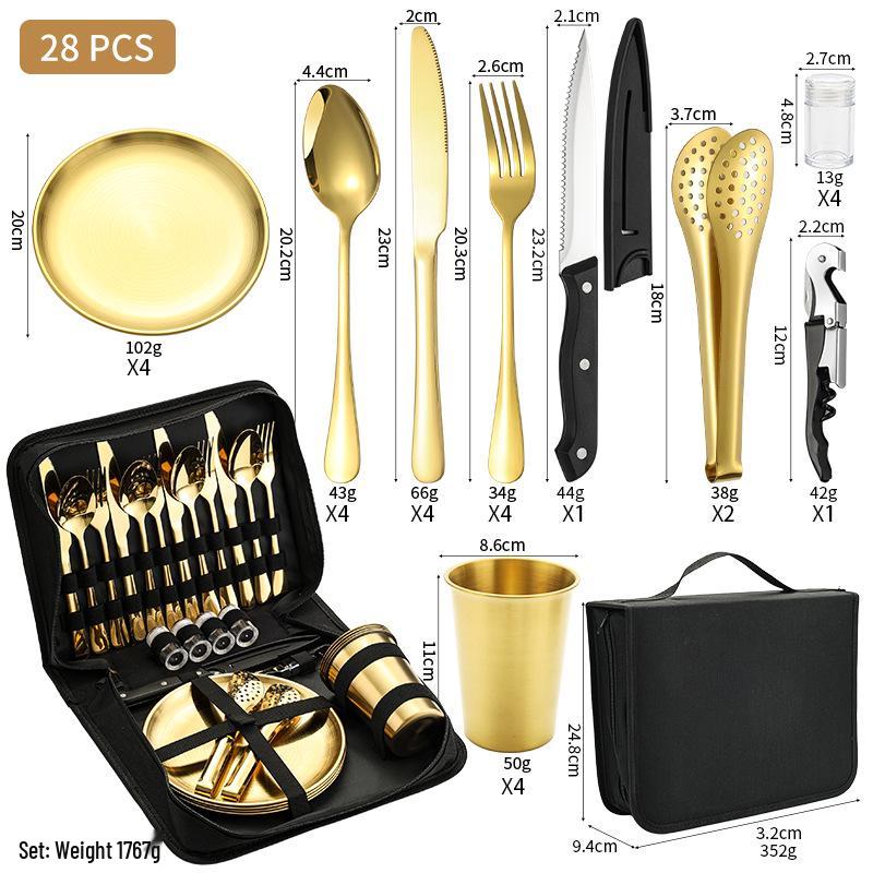 Stainless Steel Camping Cutlery Set: Knife, Fork, Spoon, Plate, Cup with Cloth Bag for Outdoor Use