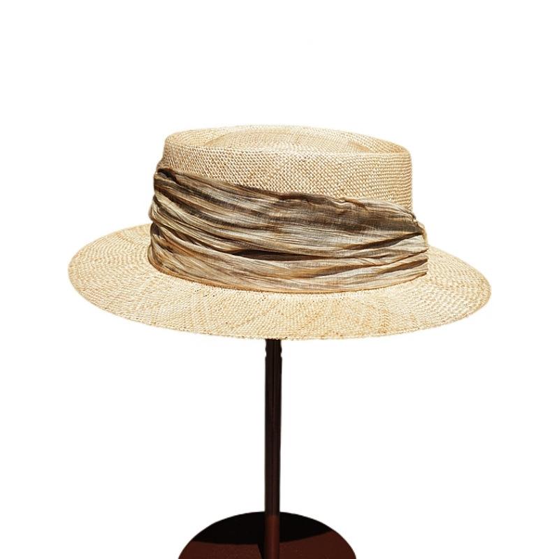 Japanese Retro Wide-Brimmed Treasure Grass Woven Flat-Top Top Top Hat Women'S Summer Sunshade Vacation Beach Chinese Straw Hat Elegant